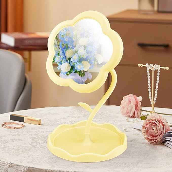 Yellow Desk Vanity Mirror Flower Compact Adjustable Desk Mirror Office Cubicle with Jewelry Tray & Foundation Brush, Cute Makeup Mirror with Standing, Home Decor for Bedroom Living Room Dormitory