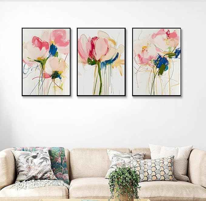 3PCS Colorful Abstract Line Floral Canvas Wall art Botanical Floral Line Posters Print Modern Minimalist Flower Pictures Wall Decoration for Girls' Room Bedroom Living room Unframed