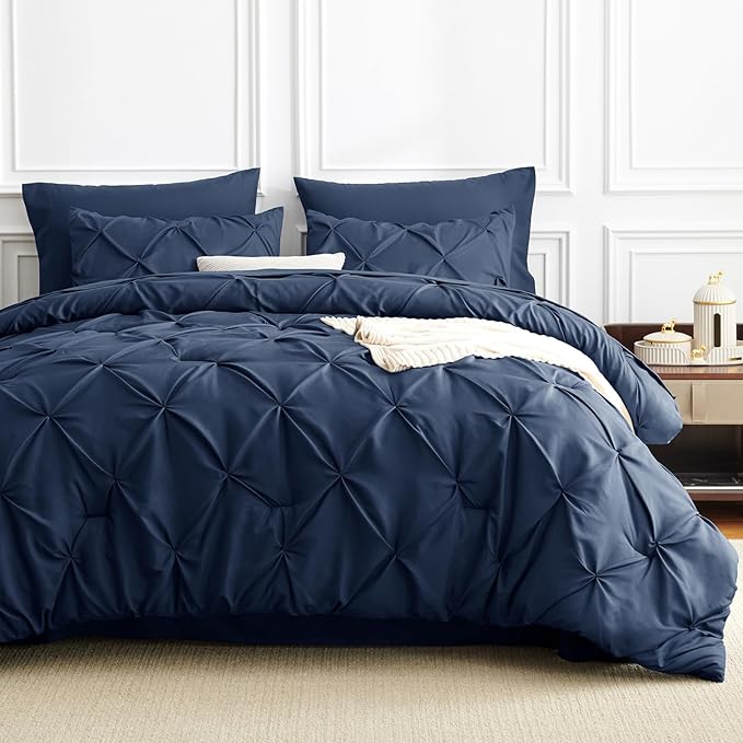 CozyLux Twin Comforter Set with Sheets Navy Blue, 5 Pieces Pintuck Bed in A Bag, Twin Bed Set Gift for Family, Pinch Pleat Bedding Set with Comforter, Sheets, Pillowcase & Sham