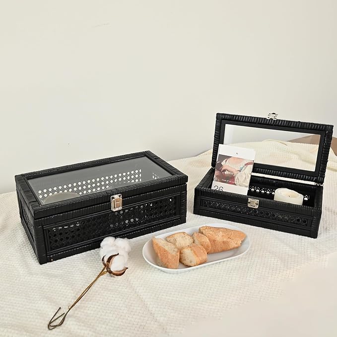 Cane and Rattan Decorative Storage Boxes with Lids - Elegant Set of 2, Stacking Boxes with Glass Top, Handcrafted Rustic Charm for Home Organization (Black, 14.1"x8.2"x5.1")