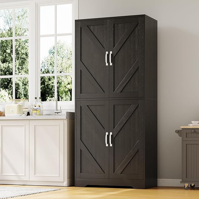 IDEALHOUSE 70" Kitchen Pantry Storage Cabinet, Farmhouse Kitchen Cabinet with 4 Doors & 3 Adjustable Shelves, Freestanding Cupboard for Dining Room,Living Room,Black
