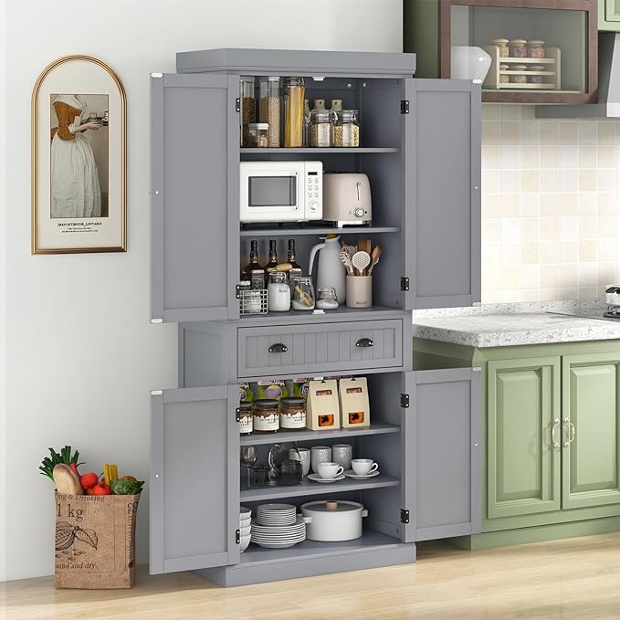Nightcore Kitchen Pantry Cupboard, 6ft Wood Cupboard w/ 4 Adjustable Shelves, 2 Wood Pantries, & 1 Drawer, Utility Storage Cabinet for Kitchen, Hallway, Living Room, Bathroom (Grey)