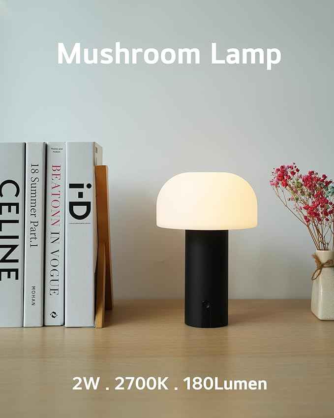 Cordless Mushroom Table Lamp, Waterproof Shower Lamp, Battery Operated Table Lamp Rechargeable, Touch Dimmable Night Light for Bedroom/Patio/Camping/Dinning/Outdoor (Black)