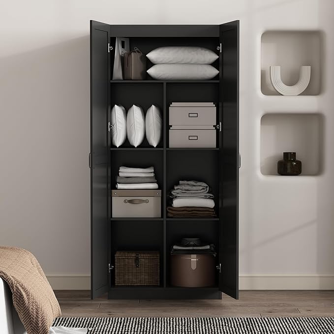 Manhattan Comfort Cornelia Modern Tall Storage Cabinet with Doors and Adjustable Shelves 1.0 - Freestanding Pantry Organizer for Kitchen, Laundry Room, Garage, or Mudroom, Set of 1, Black