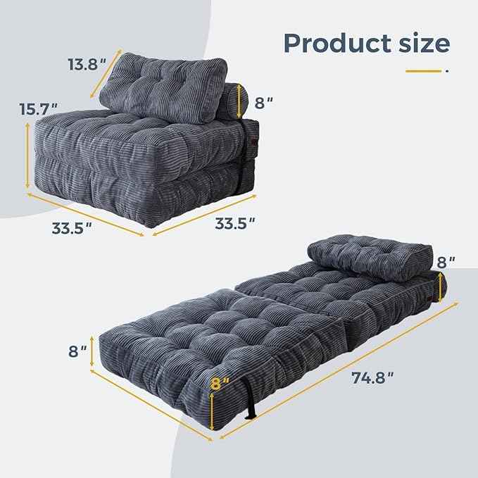 MAXYOYO Folding Sofa Bed, Convertible Sleeper Chair with Pillow Foldable Mattress with Back Support, Portable Fold Out Chair Bed Comfy Floor Sofa Lounge for Living Room Bedroom, Dark Grey, Single