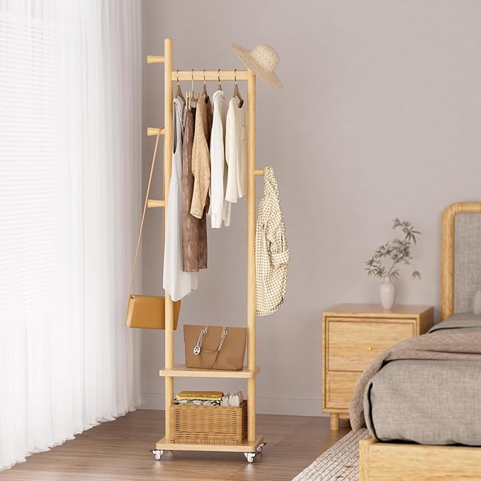 Solid Wood Coat Rack Freestanding Clothing Rack with Wheels & 2 Shelves Storage & 5 Hooks Heavy Duty Clothes Rack Wood Coat Tree Stand Hat Hanger Rack for Corner Bedroom Entryway Living Room Hotel