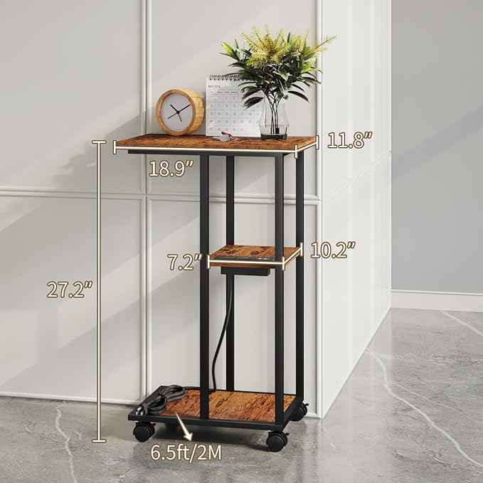 C Shaped End Table - C Table on Wheels - Bedside Table with Wheels, Power Outlet and USB - Sofa Table for Living Room, Bedroom, Small Spaces - 27.2'' High, Brown