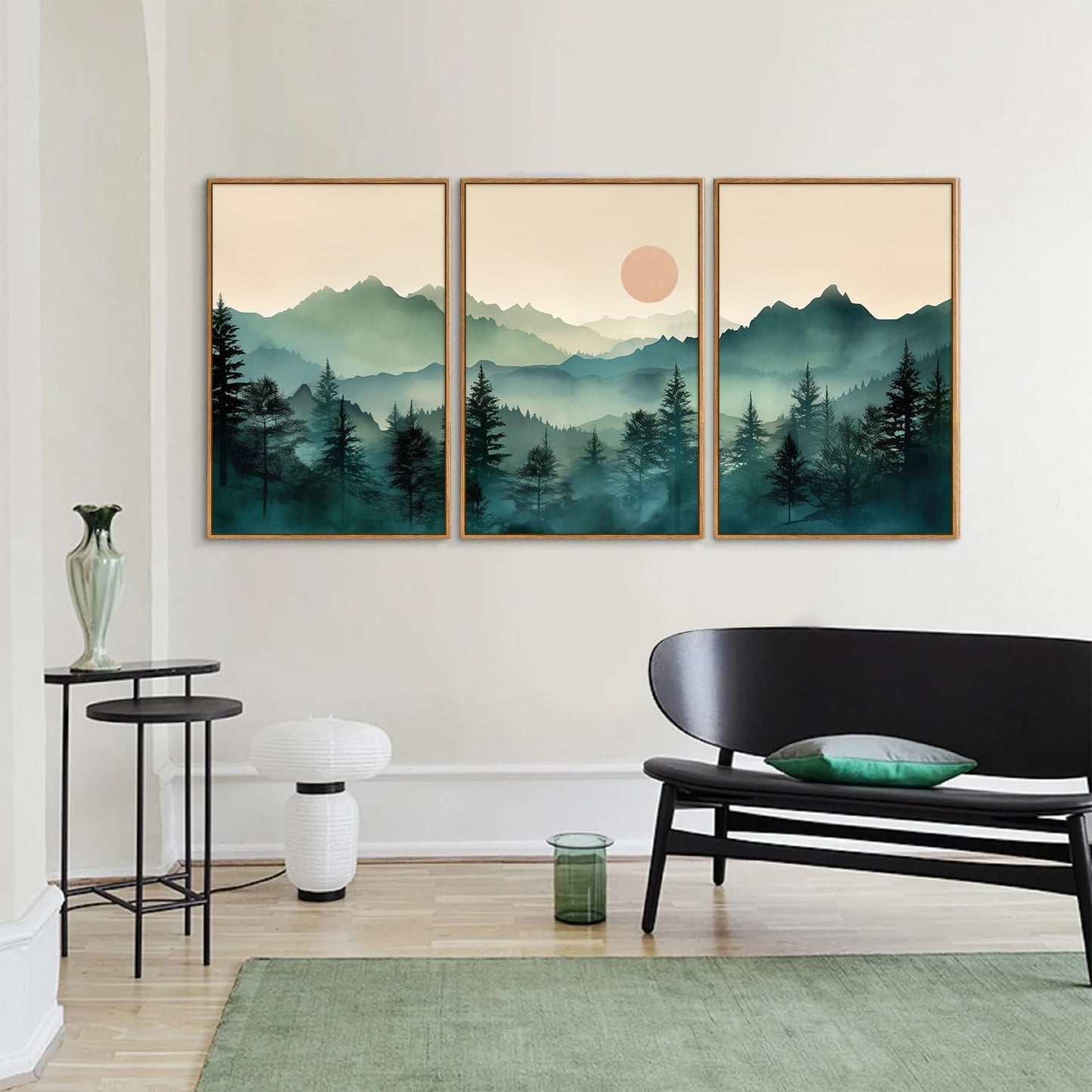 SIGNINART Large Boho Mountain Framed Canvas Wall Art Set, Nature Pine Tree Wall Painting, Abstract Foggy Forest Wall Decor, Modern Sunrise Art Prints for Bedroom Living Room and Office - 16"x24"x3