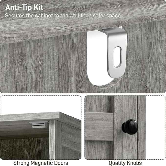Vabches Tall Bathroom Cabinet, Slim Bathroom Storage Cabinet with Adjustable Shelves and 2 Doors, Narrow Floor Storage Cabinet for Bathrooms, Kitchen, Living Room, Rustic Grey