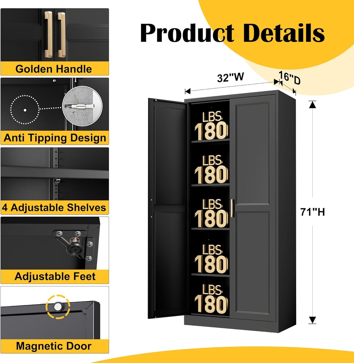 Kitchen Pantry Cabinet,71”Black Metal Pantry Storage Cabinet with Doors and 4 Adjustable Shelves,Kitchen Cabinet with 2 Gold Handles,Tall Cabinet for Livingroom,Pantry, Bathroom - Décor Diaries
