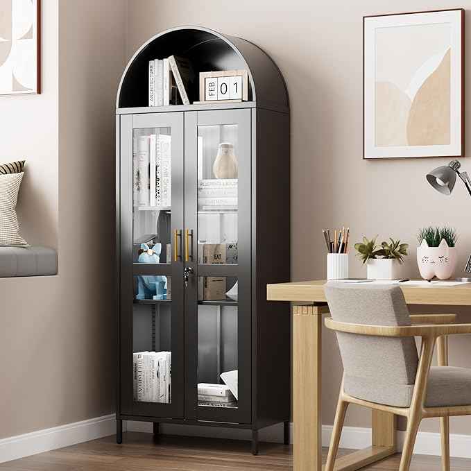 Metal Arched Display Cabinet with 3 Lights,Lockable Arch Cabinet with Glass Doors and 2 Adjustable Shelf for Home Office,Assembly Required,Black