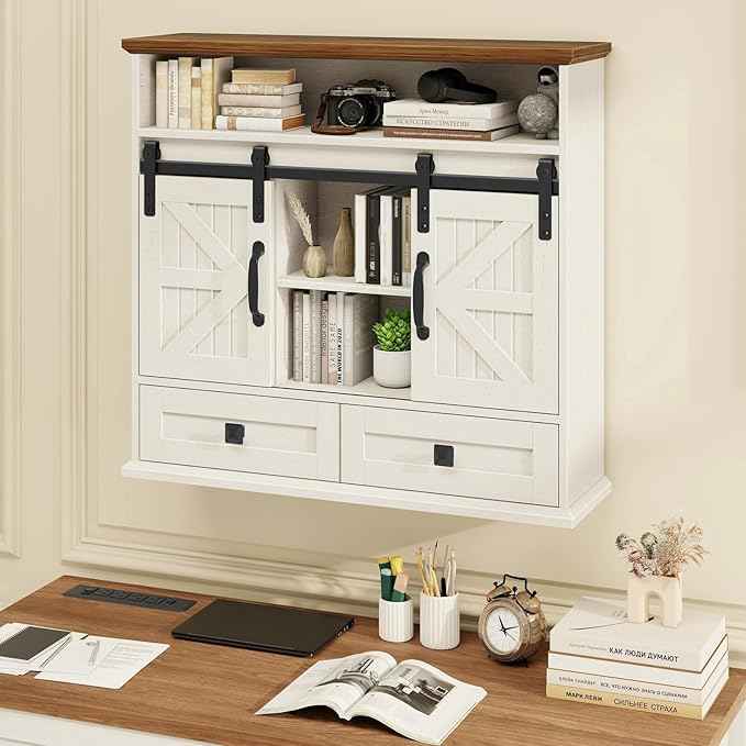 Vabches Bathroom Wall Cabinet, Farmhouse Medicine Cabinet with Double Sliding Barn Door and Storage Drawer, Wooden Vintage Storage Cabinet Wall Mounted for Bathroom, Kitchen, Rustic White and Brown