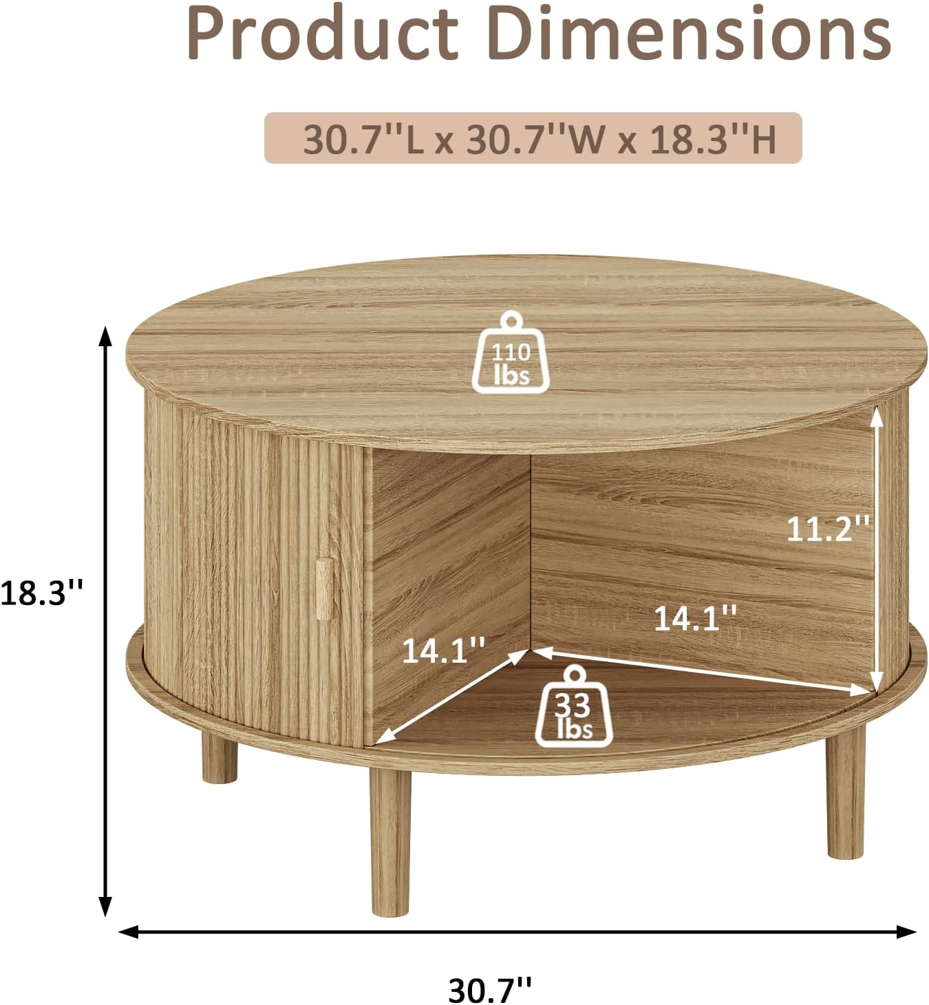 Coffee Table and TV Stand Set of 2, Round Center Table with Storage,Fluted Coffee Table with 360° Sliding Doors, 86.6" Entertainment Center for Bedroom, Living Room,Natural