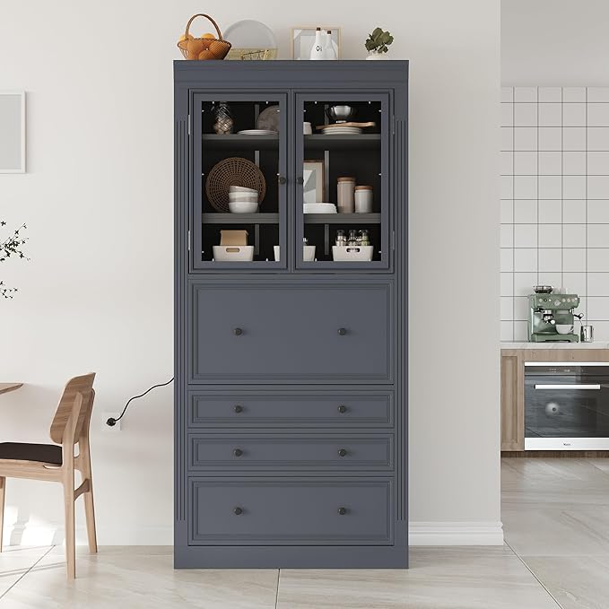 Merax 78 Inch Extra-Tall Freestanding Kitchen Pantry Storage Cabinet, Multifunctional Cupboard with 3 Drawers, Adjustable Shelves & Power Outlet Drop-Down Surface for Dining and Living Room, Grey