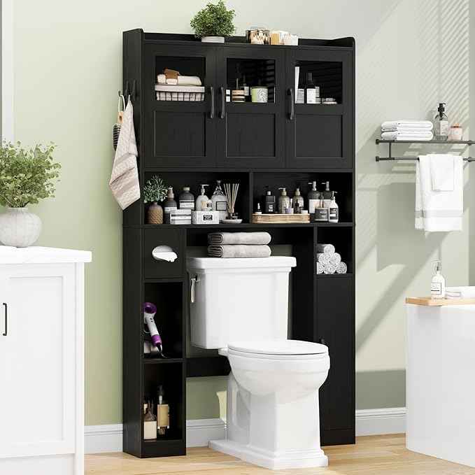 Over The Toilet Cabinet,Farmhouse Toilet Cabinet Rack with 3 Acrylic Doors and Adjustable Storage Shelf,Space Saving Bathroom Organizer with Toilet Paper Holder Stand for Restroom, Laundry，Black