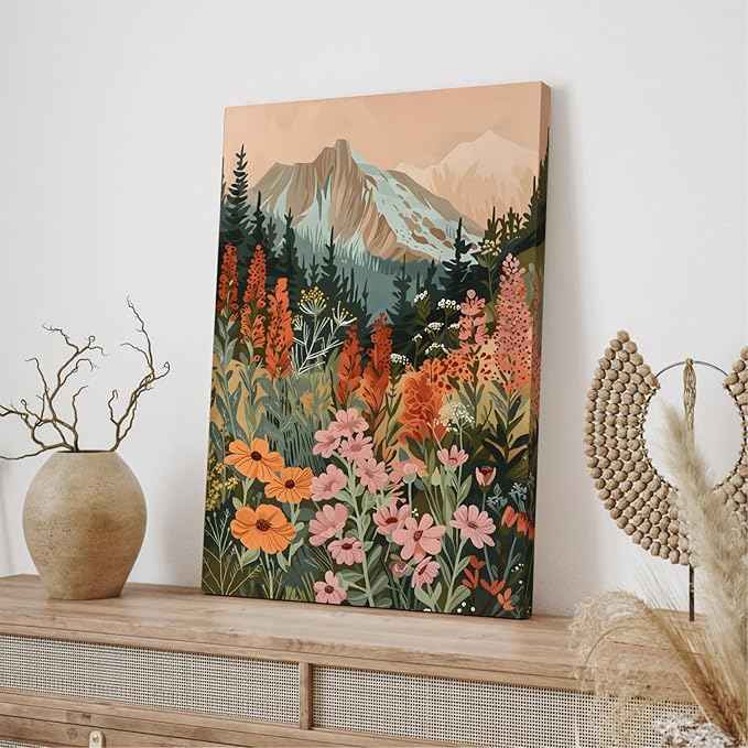 Cyebmo Framed Mountain Wildflower Wall Art Set of 3, Sunset Daisy Flower Wall Decor, Colorful Wildflower Canvas Painting, Nature Botanical Landscape Artwork for Bedroom Living Room 12x16 Inch