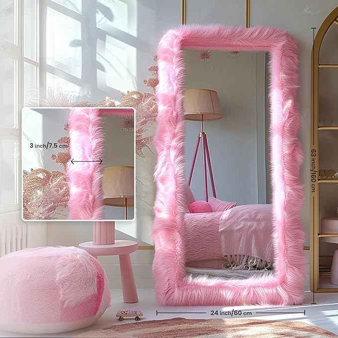 Full Length Mirror Free Standing Furry Faux Fur Framed Full Body Floor Mirror Wall Mounted Leaning Hanging Wall for Bedroom Hallway Entrance, 63"x24", Pink