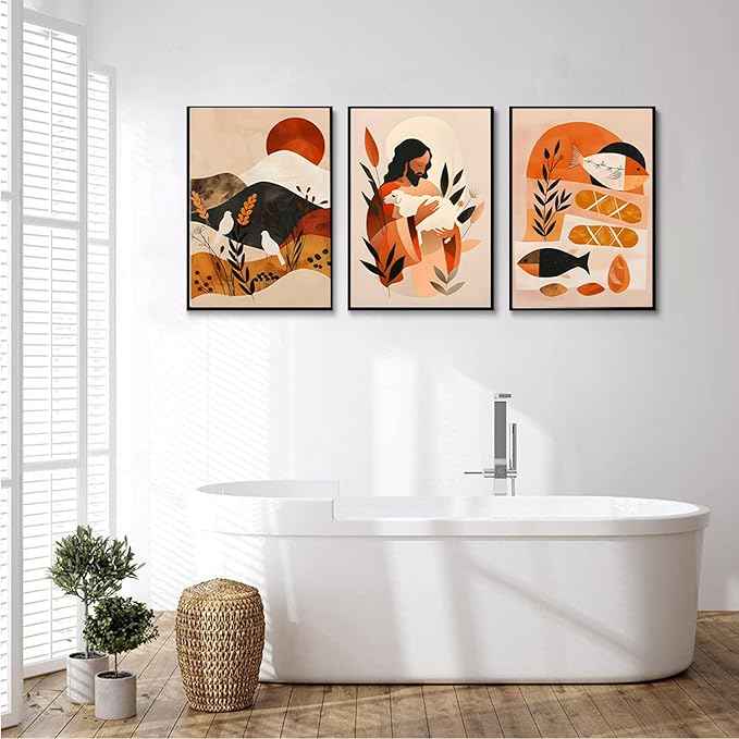 3Pcs Jesus Canvas Wall Art Boho Retro Art Home Posters Prints Jesus Feeds The 5000 Christian Abstract Pictures Wall Decor for Living Room Bedroom Church Decoration Unframed