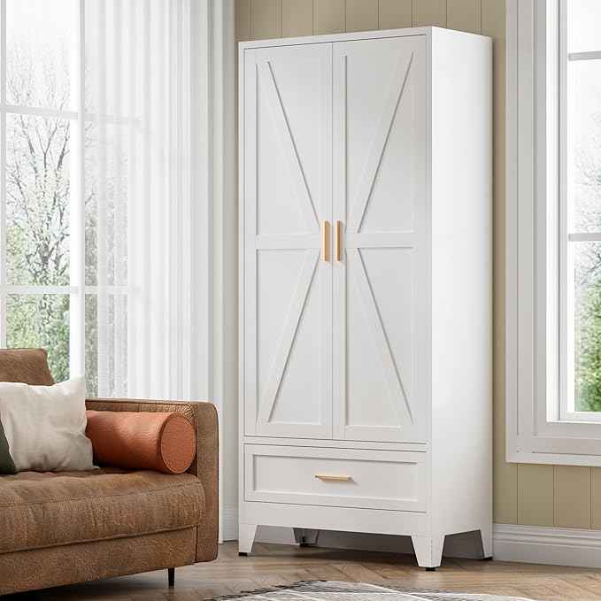 COFaR Metal Storage Cabinet, Farmhouse Storage Cabinet with 2 Doors and 4 Adjustable Shelves - 71" White Kitchen Pantry Storage 5-Tier Tall Steel Cabinets Locker for Kitchen, Living Room, Dining Room