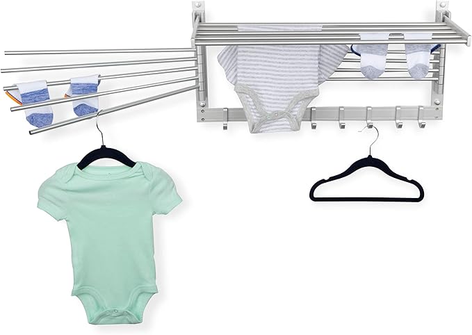 brightmaison BGT Wash Clothes Drying Rack Wall Mount Laundry Room Organizer with Hooks & Swing Arms, 24" Metal Laundry Rack Silver