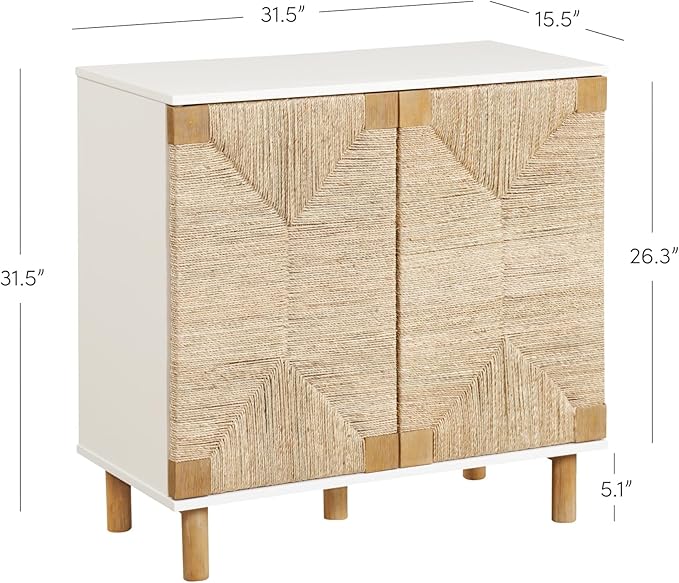 Nathan James Beacon Accent Natural Sideboard Storage Cabinet TV Stand with Adjustable Interior Shelf and Seagrass Doors, for Hallway, Entryway or Dining Room, Light Brown/White, Set of 4