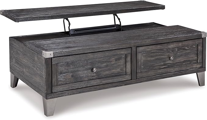 Signature Design by Ashley Todoe Industrial Spring-Lift Top Coffee Table, 2 Storage Drawers, Metal Legs, Wood, 54.38" W x 28.5" D x 18.25" H, Dark Gray & Weathered Pine Finish