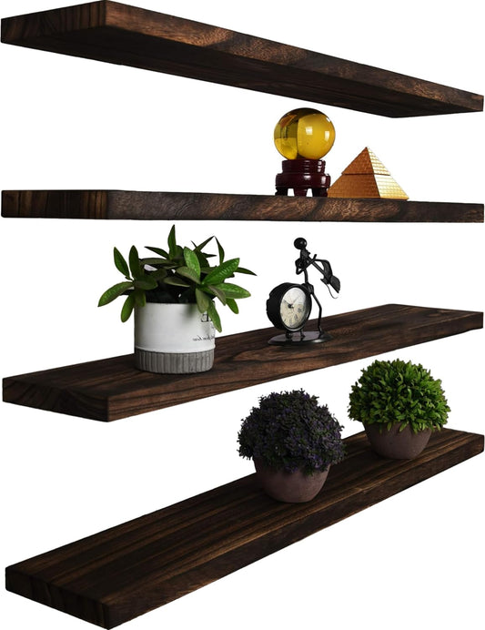Wood Floating Shelves for Wall Decor, Rustic Wall Shelves for Bedroom Bathroom Kitchen Living Room, Set of 4 Walnut 36 Inch - Décor Diaries