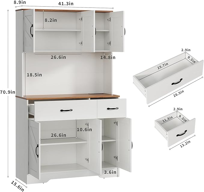 IDEALHOUSE 71" Kitchen Pantry Storage Cabinet with Charging Station, Farmhouse Kitchen Hutch Cabinet with 2 Storage Drawers, Large Food Pantry with Microwave Stand for Dining Room,Living Room,White
