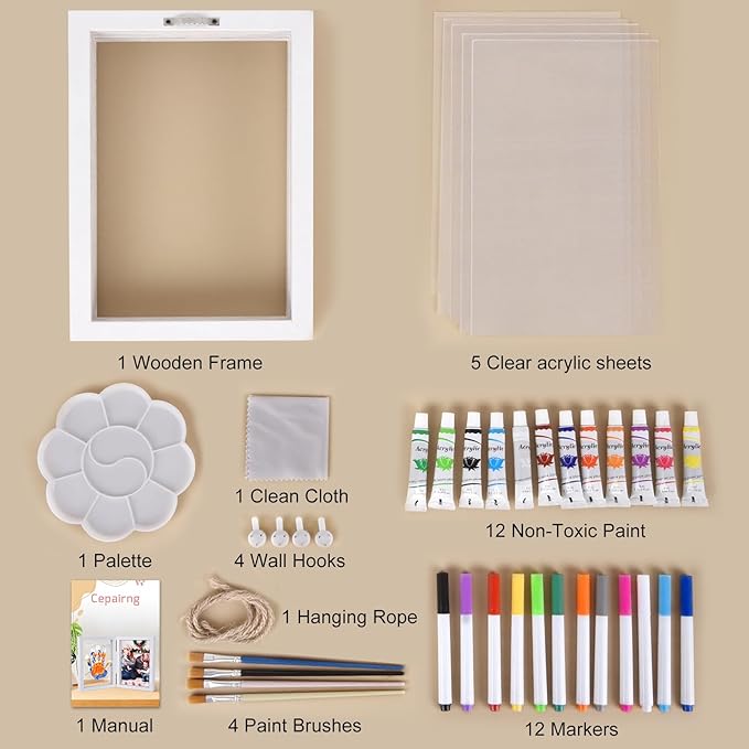 Family Handprint Photo Frame with 12 Paints & 12 Pens, 5 Transparent Sheets, Gift for Mom Dad Grandparents from Kids (White)