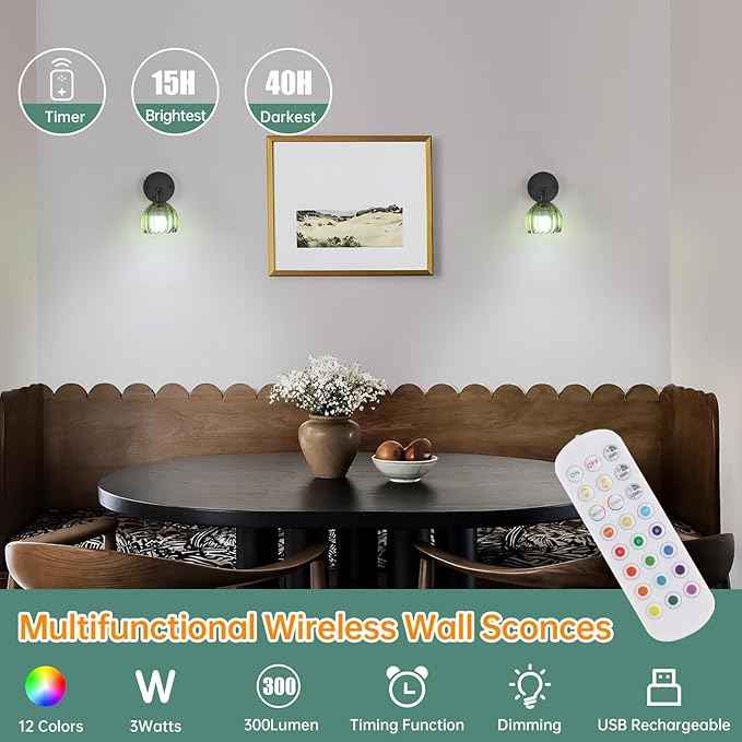 Vintage Battery Operated Wall Sconce with Green Tulip Glass Lampshade Rechargeable Battery Powered Black Wall Light with Remote Control for Bedside Bedroom Doorway, Set of 2