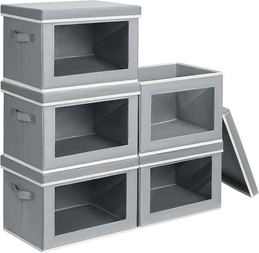 Stackable Storage Bins with Lids - Medium Storage Box with Lids, Foldable Closet Boxes for Organizing, Wardrobe Clothes Organizer with Window, Cubes Bins for Living Room, 5 Pack, Grey