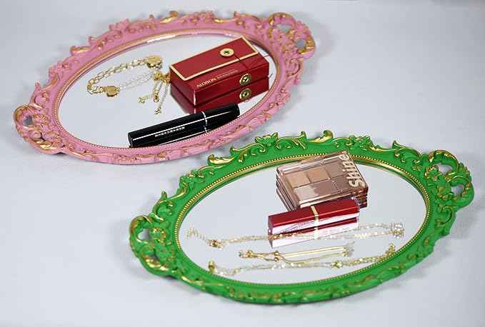 Vintage Decorative Pink Framed Mirror, Wall Hanging Mirrors & Tabletop Tray for Bedroom Living Room Dresser Decor, Oval- 9.6" W x 14.3" L (Pink)