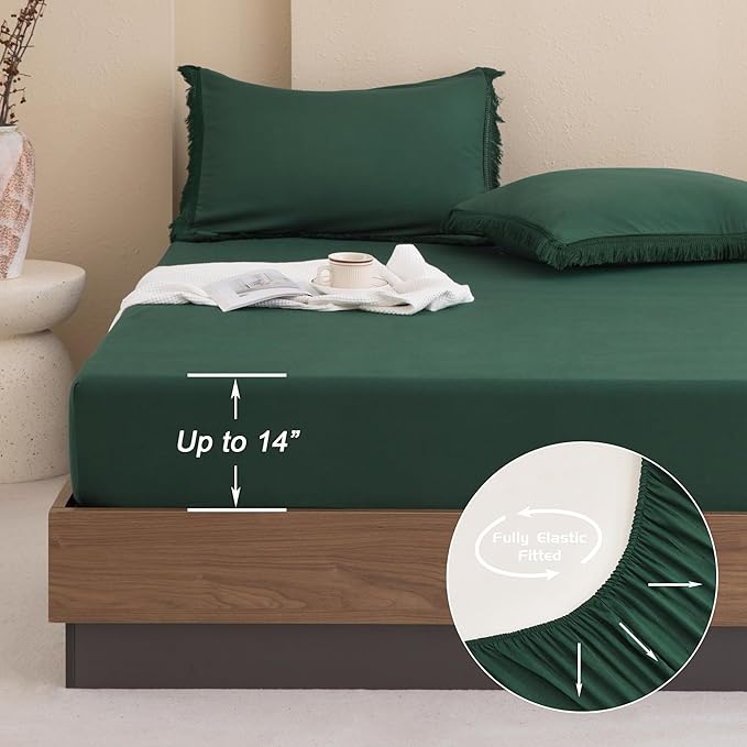 Andency Queen Comforter Set with Sheets Dark Emerald Green -7 Pieces Bed in a Bag Boho Tassel Bedding Sets, All Season Fringe Bed Set with Comforter, Sheets, Pillowcases & Shams