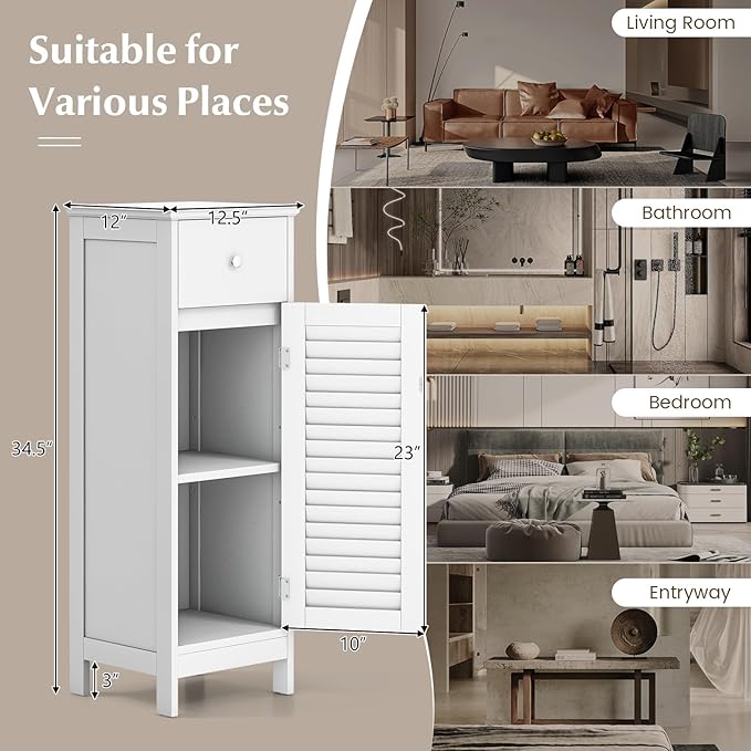 COSTWAY Bathroom Storage Cabinet, Single Door Storage Organizer w/ 1 Drawer & Adjustable Shelf, Freestanding Narrow Slim Floor Cabinet for Living Room Bedroom Hallway (White)