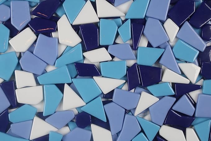 Irregular Glass Mosaic Tiles Bulk 500g Glossy and Iridescent Mosaic Glass Tiles for DIY Projects and Arts and Crafts Solid Colors and Mixes (Glossy Dark Blue, Periwinkle & Sky Blue Mix)