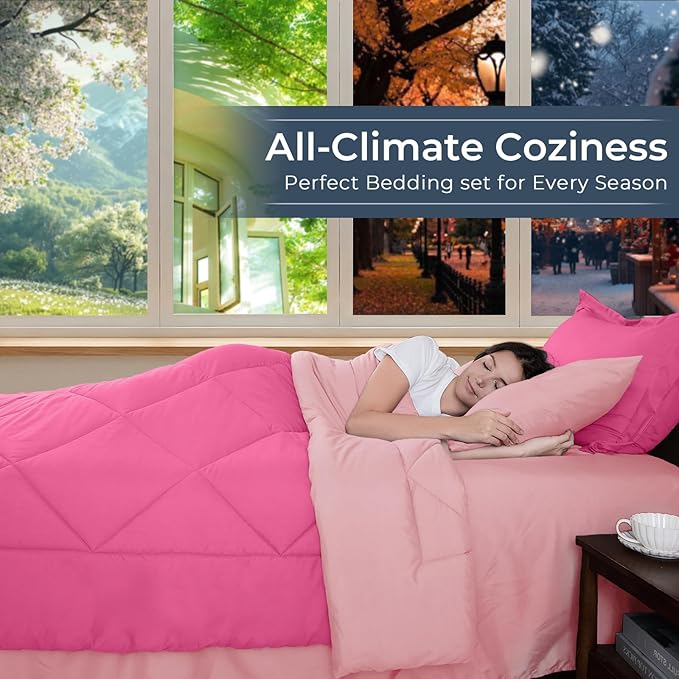 HEVUMYI Hot Pink & Baby Pink Queen Comforter Set - 7-Piece All Season Bed in a Bag Queen, Ultra Soft Bedding Set with Comforter, Flat Sheet, Fitted Sheet, Pillowcases, Pillow Shams