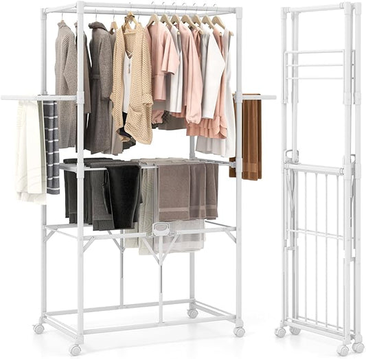 Tangkula Foldable Clothes Drying Rack, 68.5" Aluminum Laundry Rack with Hanging Rods & Drying Shelves, Universal Wheels with Brakes, Indoor Outdoor Garment Rack for Household Use (White)