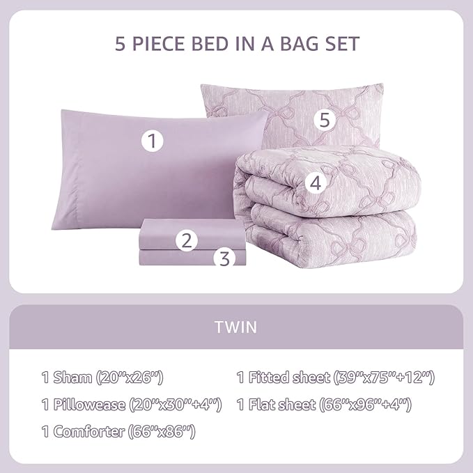 Twin Comforter Set with Sheets for Girls-5 Pieces Twin Bedding Sets with Light Purple Comforter, Sheets, Pillowcase & Sham for Kids (Purple Diamond, 66" X 86")