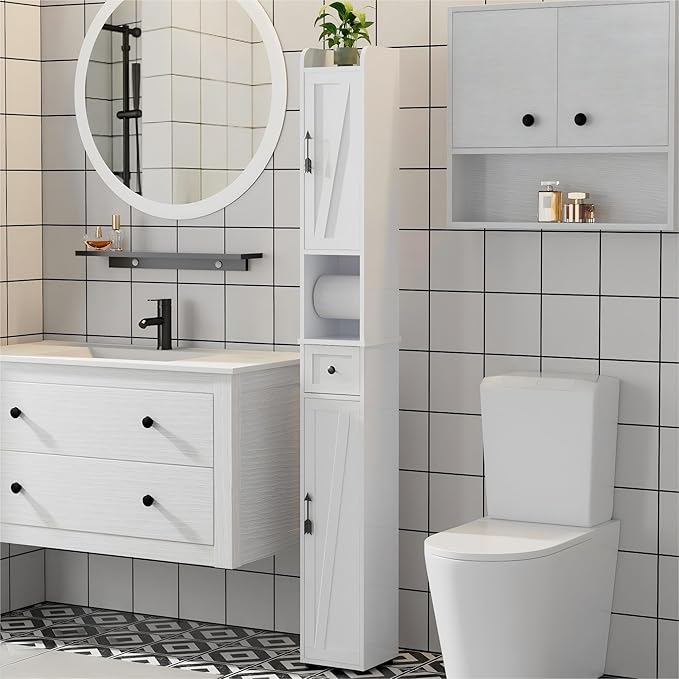 VECELO Narrow Bathroom Storage Cabinet, Tall Cabinet with Adjustable Shelves & Toilet Paper Holder & Drawer, Slim Freestanding Floor Cabinets with Magnetic Door for Small Spaces, White