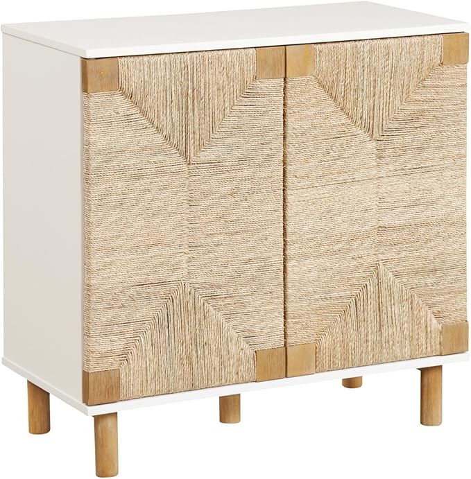 Nathan James Beacon Accent Natural Sideboard Storage Cabinet TV Stand with Adjustable Interior Shelf and Seagrass Doors, for Hallway, Entryway or Dining Room, Light Brown/White, Set of 3
