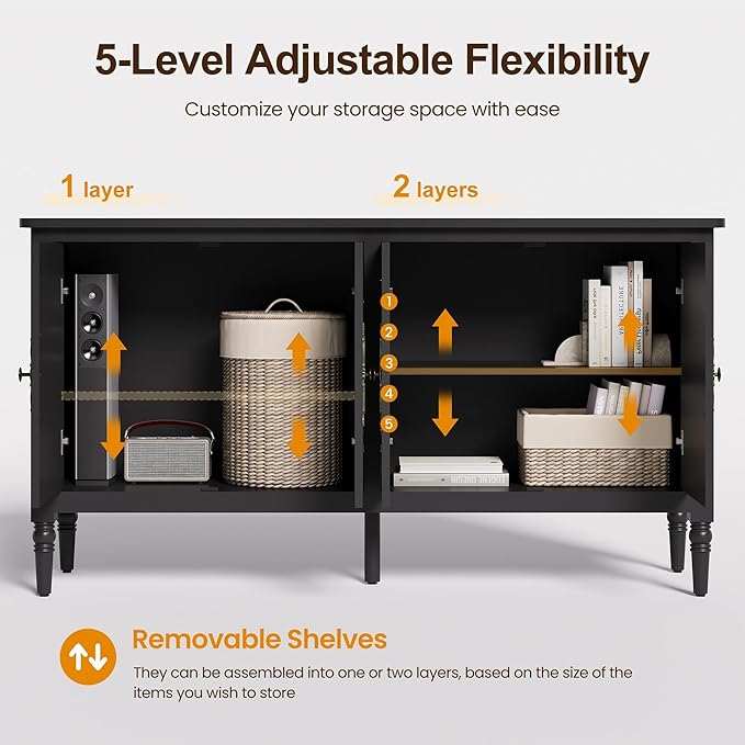 RoyalCraft Buffet Sideboard Table 2 pcs, 59'' Mid Century Modern Console Table, Media Cabinet with 4 Doors, Accent Cabinet Wood Sideboard, for Entryway, Living Room, Dining Room, Satin Black