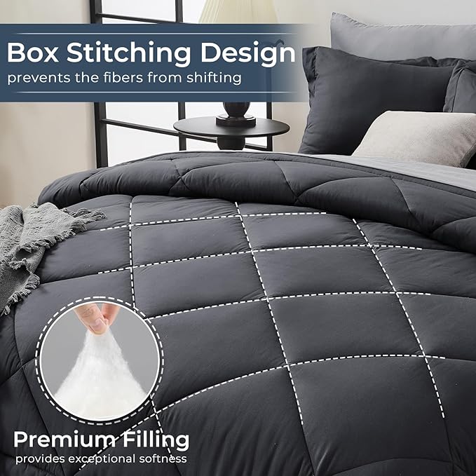 HEVUMYI Cali-King Comforter Set - 7-Piece All Season Bed in a Bag Cali-King, Ultra Soft Bedding Set with Comforter, Flat Sheet, Fitted Sheet, Pillowcases, Pillow Shams, Dark Grey & Light Grey