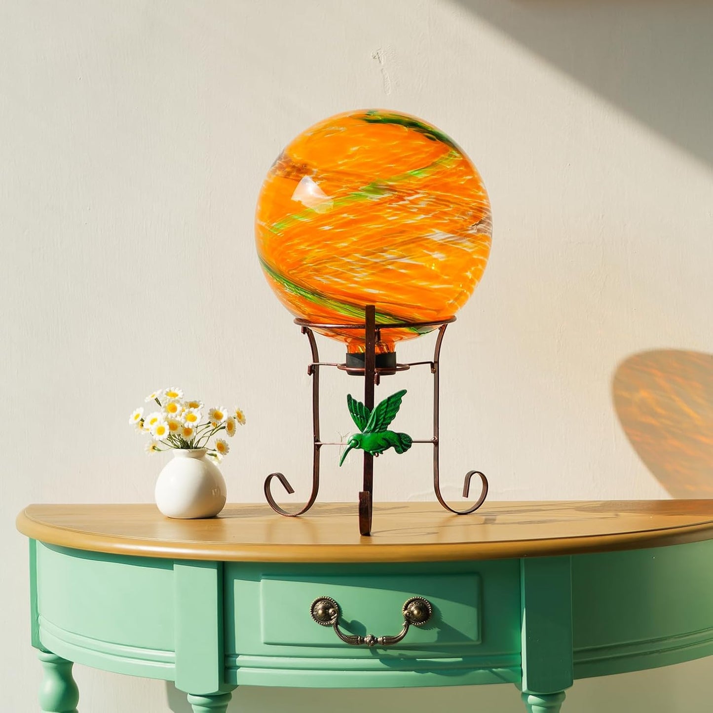 10 Inch Glass Gazing Ball, with 9.4" Tall Metal Gazing Globe Stand, Glass Balls Display Holder Set for Outdoor Garden Lawn Yard Decoration, Sunset Sky