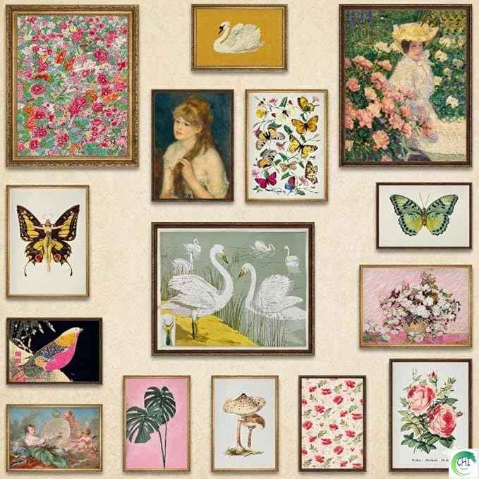 LANCHI95 15 Pcs Maximalist Gallery Wall, Colorful Eclectic Decor, Colorful Art, Girls Room, Vintage Wall Art Prints, Moody Maximalist Bedroom Decorations (UNFRAMED)