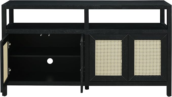 Ball & Cast 60" Rattan Buffet Sideboard Cabinet with Storage, Modern Boho Coffee Bar w/Push-to-Open Doors & Adjustable Shelves, Wood Console Cabinet for Kitchen,Livingroom & Dining Room, Black