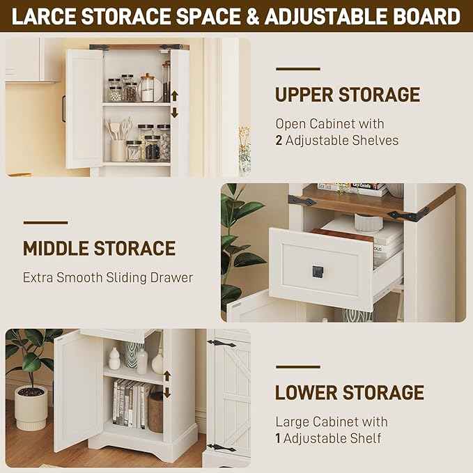 Vabches 66" Tall Farmhouse Bathroom Storage Cabinet with Barn Doors and Drawer, Narrow Storage Unit, Adjustable Shelves & 5-Tier Space, Freestanding Cabinet for Bathroom, Living Room, Kitchen