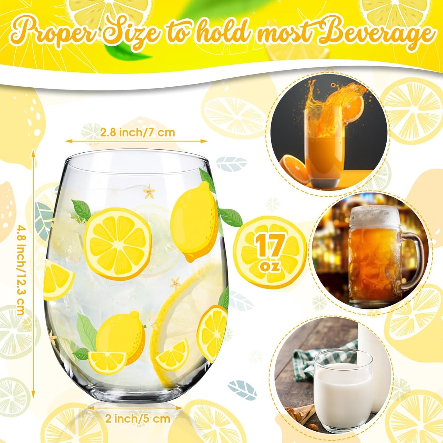 Sliner 2 Pack Lemon Stemless Wine Glasses 17oz Lemon Drinking Glasses Clear Stemless Wine Tumbler Unique Gift for Wedding, Mother's Day Birthday Drinking Party