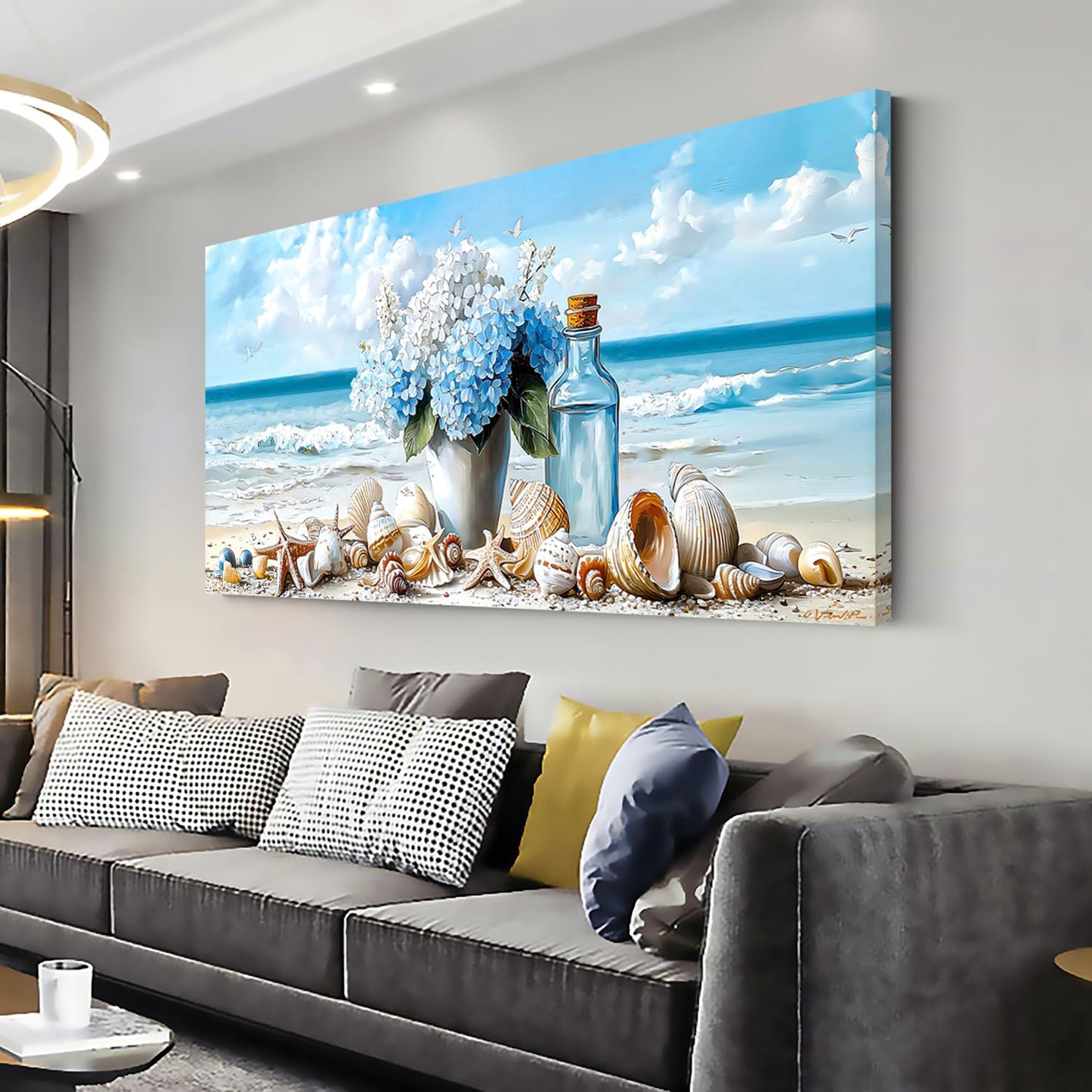 LASMOND Romantic Beach Wall Art for Living Room Blue Shells Conch Vase Canvas Prints Modern Large Flower Bottle Bedroom Ocean Artwork Decor (40x20 Inches)