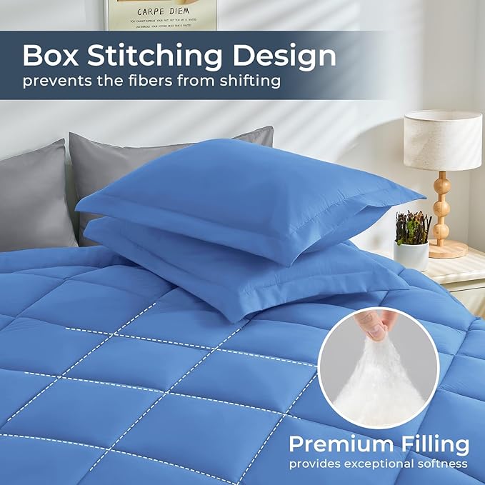 HEVUMYI Royal Blue & Light Grey Queen Comforter Set - 7-Piece All Season Bed in a Bag Queen, Ultra Soft Bedding Set with Comforter, Flat Sheet, Fitted Sheet, Pillowcases, Pillow Shams, Royal Blue