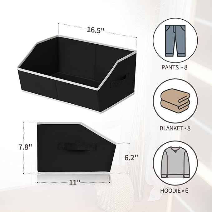 Storage Baskets for Shelves - Trapezoid Cube Storage Organizer Bins, Decorative Storage Baskets with Handles, Large Shelves Organizer for Home, Office, Dorm, Black, 4 Pack